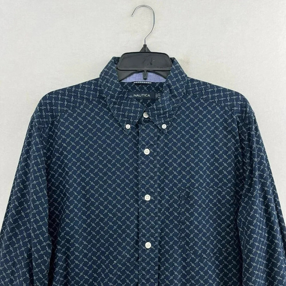 Nautica Button Down Shirt Mens Large Navy Blue Cross Pattern Pockets Long Sleeve - Picture 6 of 12
